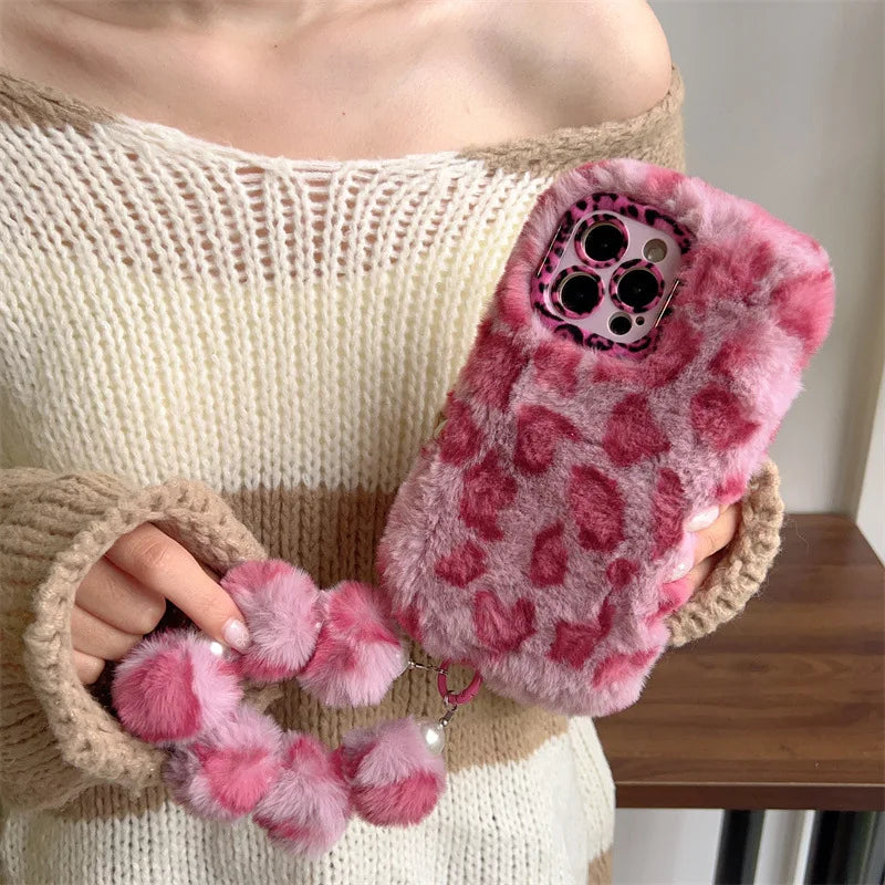 Leopard Furry Plush Phone Case with Wrist Chain – iPhone 11 to 17 Series