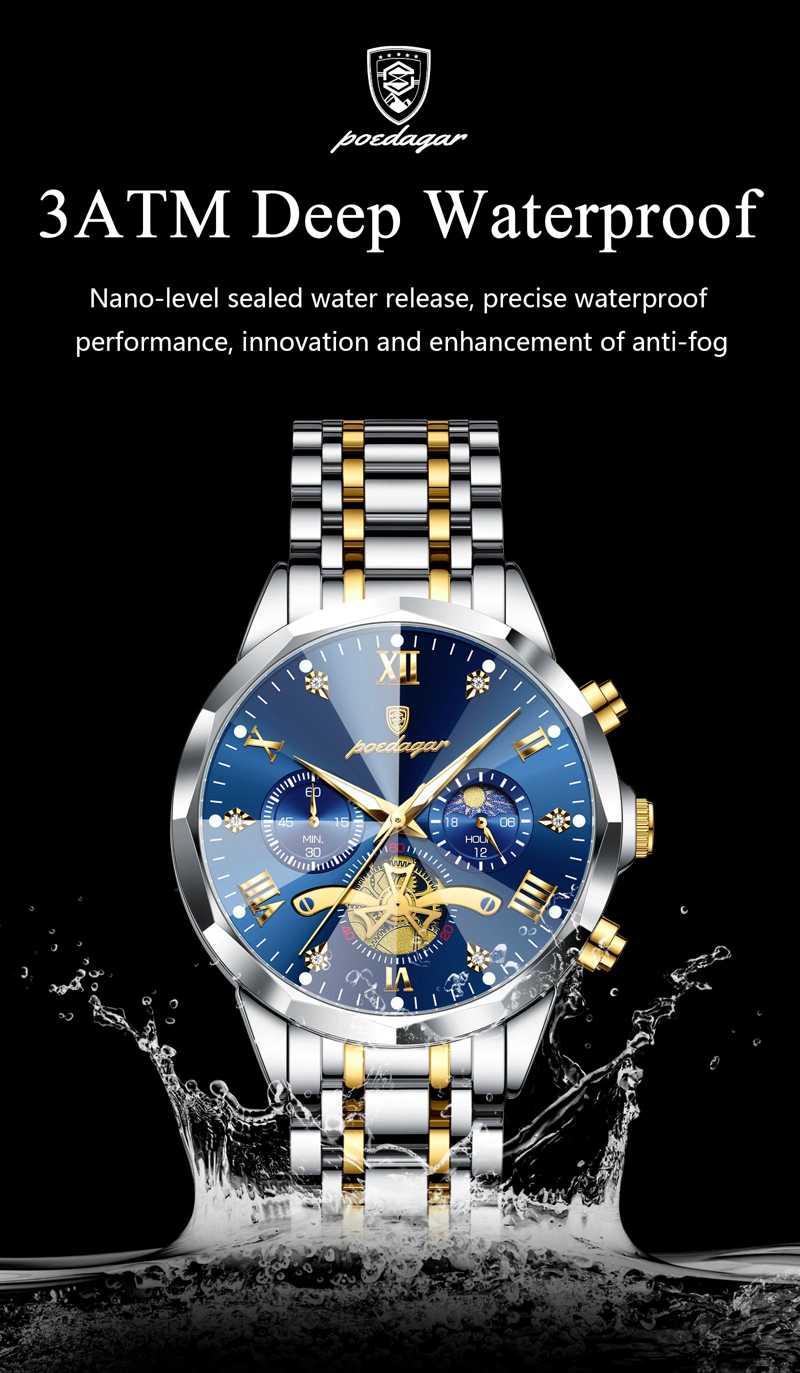 POEDAGAR Men's Luxury Chronograph Watch – Waterproof, Luminous, Stainless Steel
