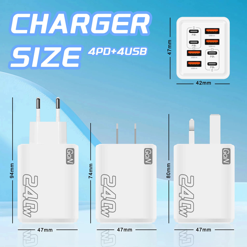 240W GaN USB-C Wall Charger | 8-in-1 Fast Charging Adapter (EU/US)