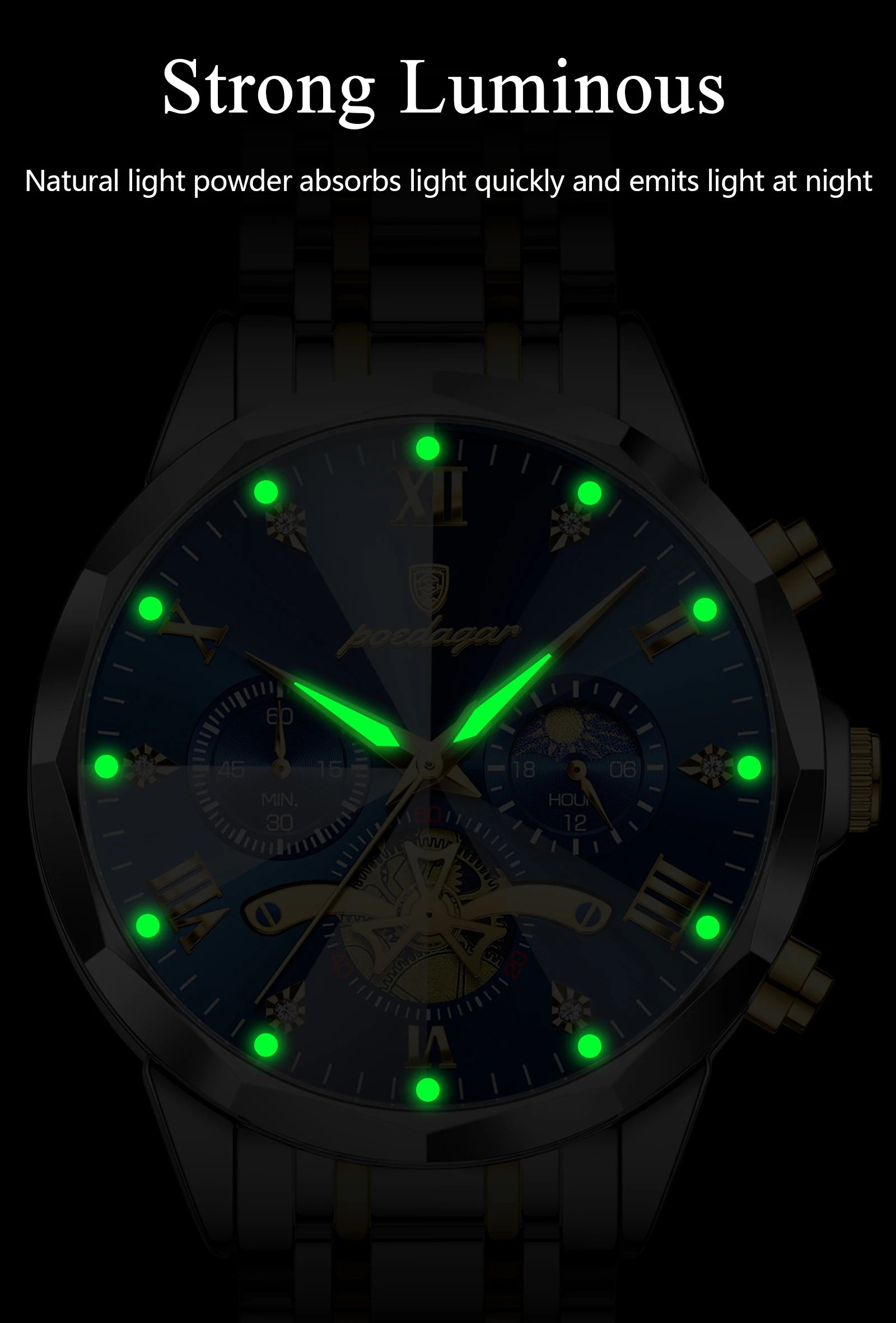POEDAGAR Men's Luxury Chronograph Watch – Waterproof, Luminous, Stainless Steel