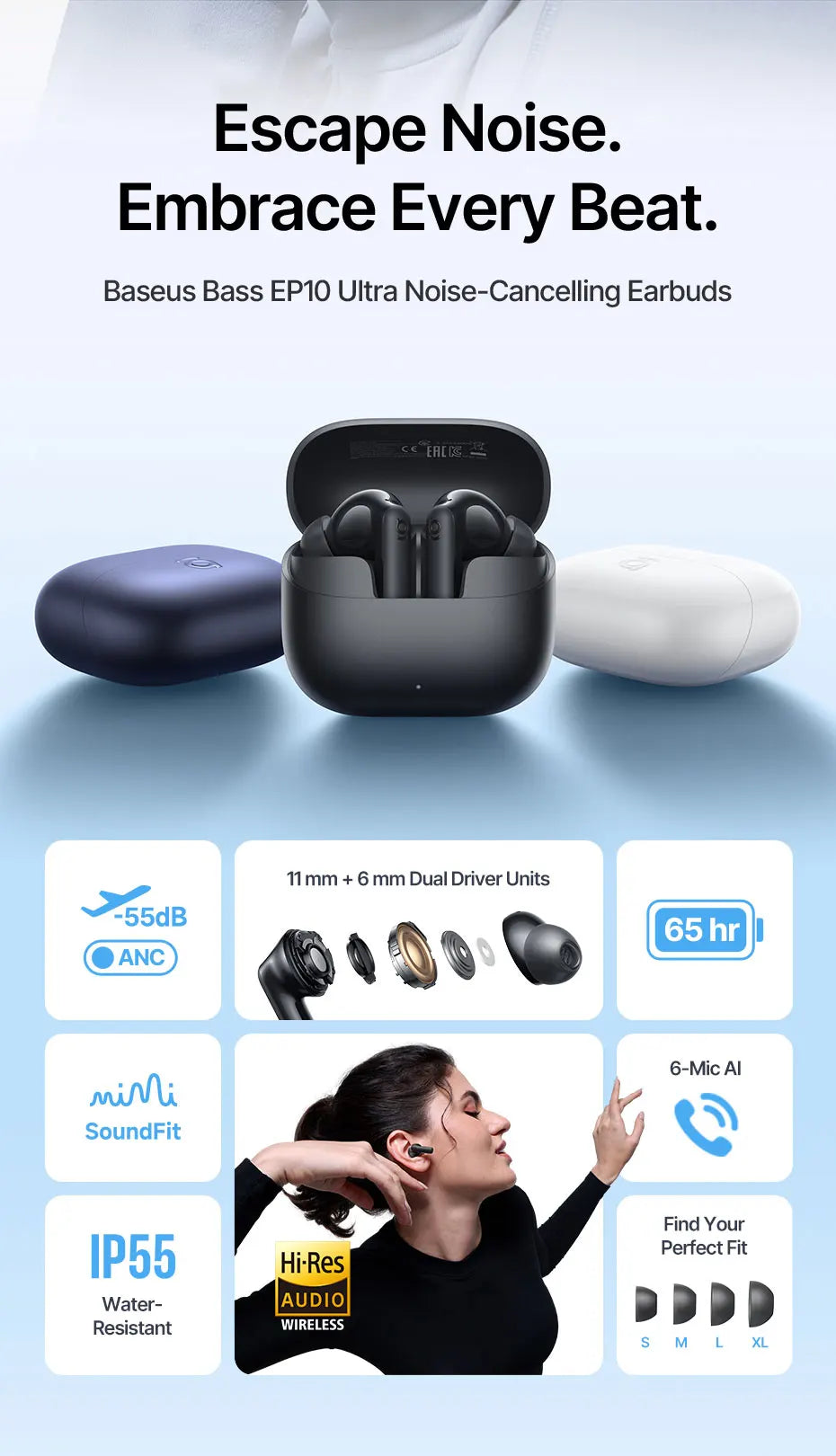 Baseus EP10 Ultra Wireless Earbuds | ANC, 65Hr Battery, 6-Mic, Bluetooth 6.0