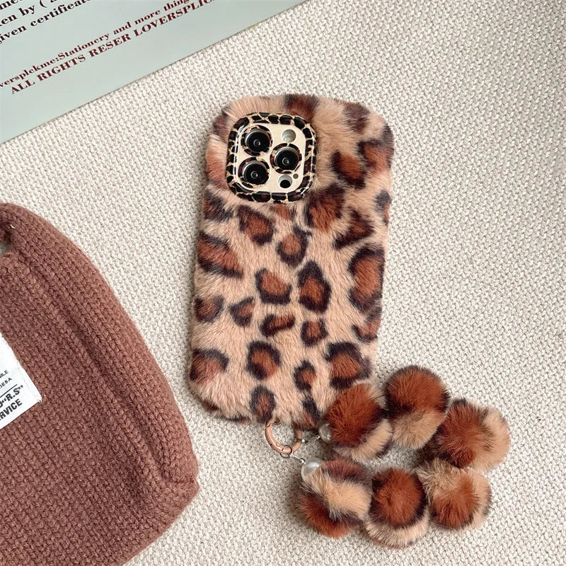 Leopard Furry Plush Phone Case with Wrist Chain – iPhone 11 to 17 Series