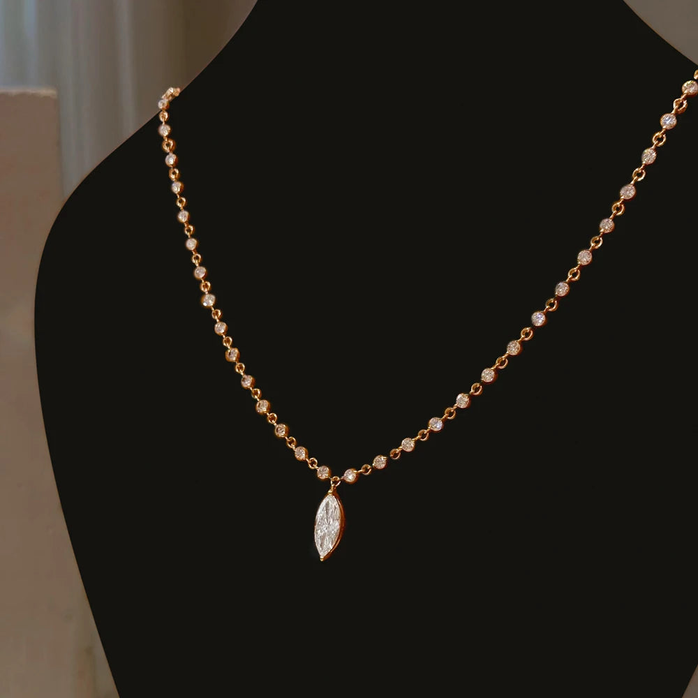 Moissanite Diamond Tennis Necklace with Marquise Pendant – 925 Sterling Silver