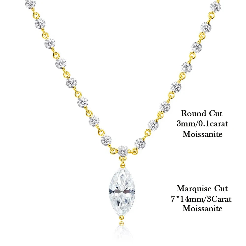Moissanite Diamond Tennis Necklace with Marquise Pendant – 925 Sterling Silver