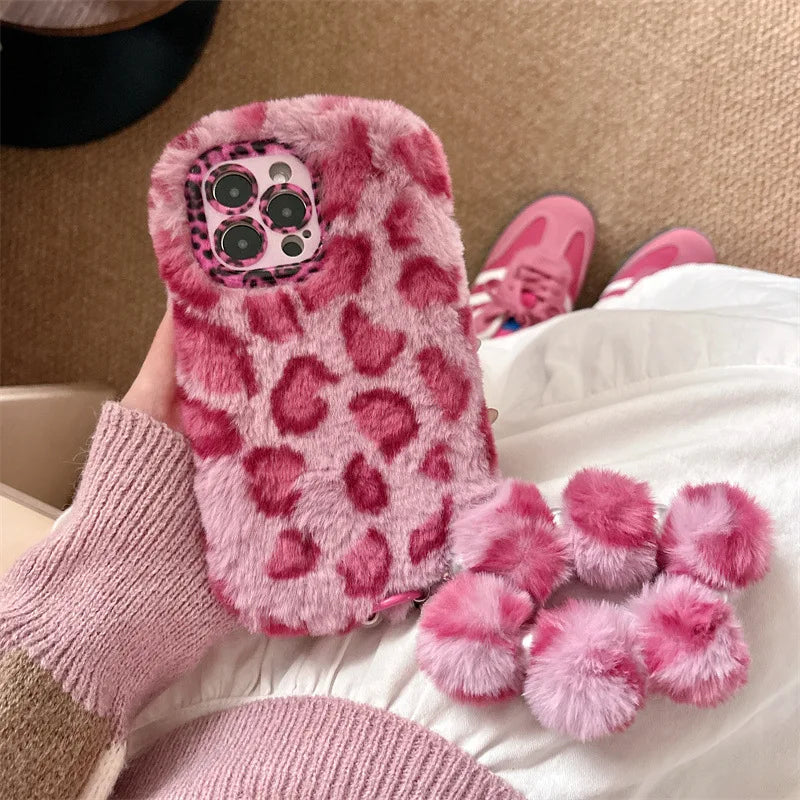 Leopard Furry Plush Phone Case with Wrist Chain – iPhone 11 to 17 Series