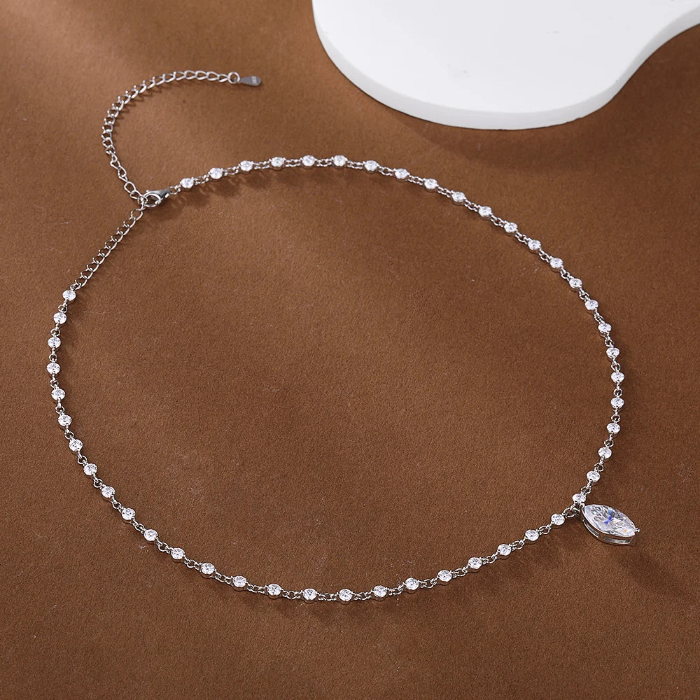 Moissanite Diamond Tennis Necklace with Marquise Pendant – 925 Sterling Silver