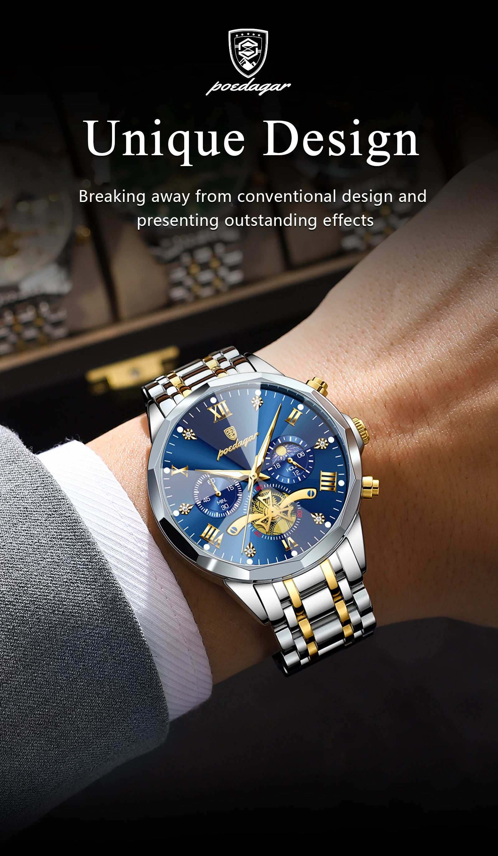 POEDAGAR Men's Luxury Chronograph Watch – Waterproof, Luminous, Stainless Steel