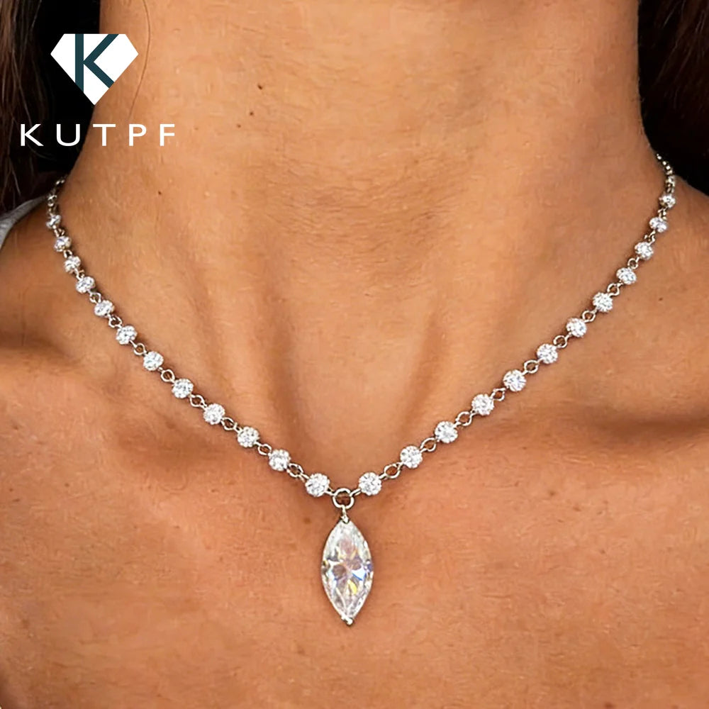 Moissanite Diamond Tennis Necklace with Marquise Pendant – 925 Sterling Silver
