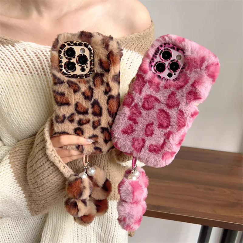 Leopard Furry Plush Phone Case with Wrist Chain – iPhone 11 to 17 Series