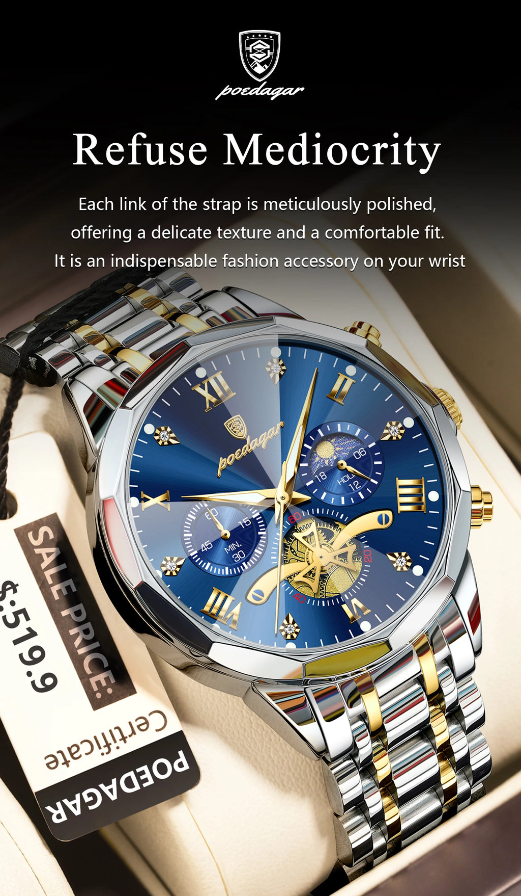 POEDAGAR Men's Luxury Chronograph Watch – Waterproof, Luminous, Stainless Steel