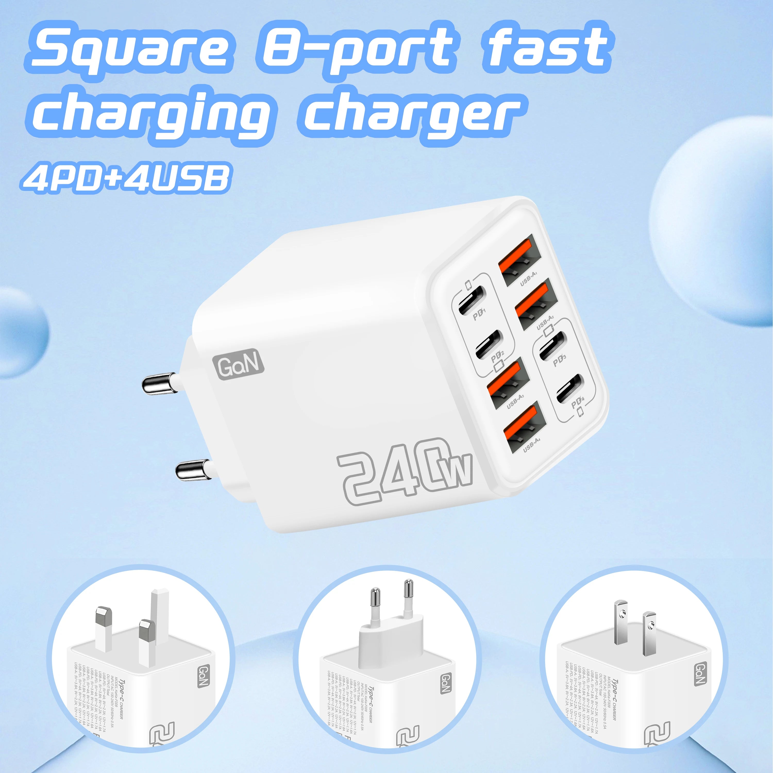 240W GaN USB-C Wall Charger | 8-in-1 Fast Charging Adapter (EU/US)
