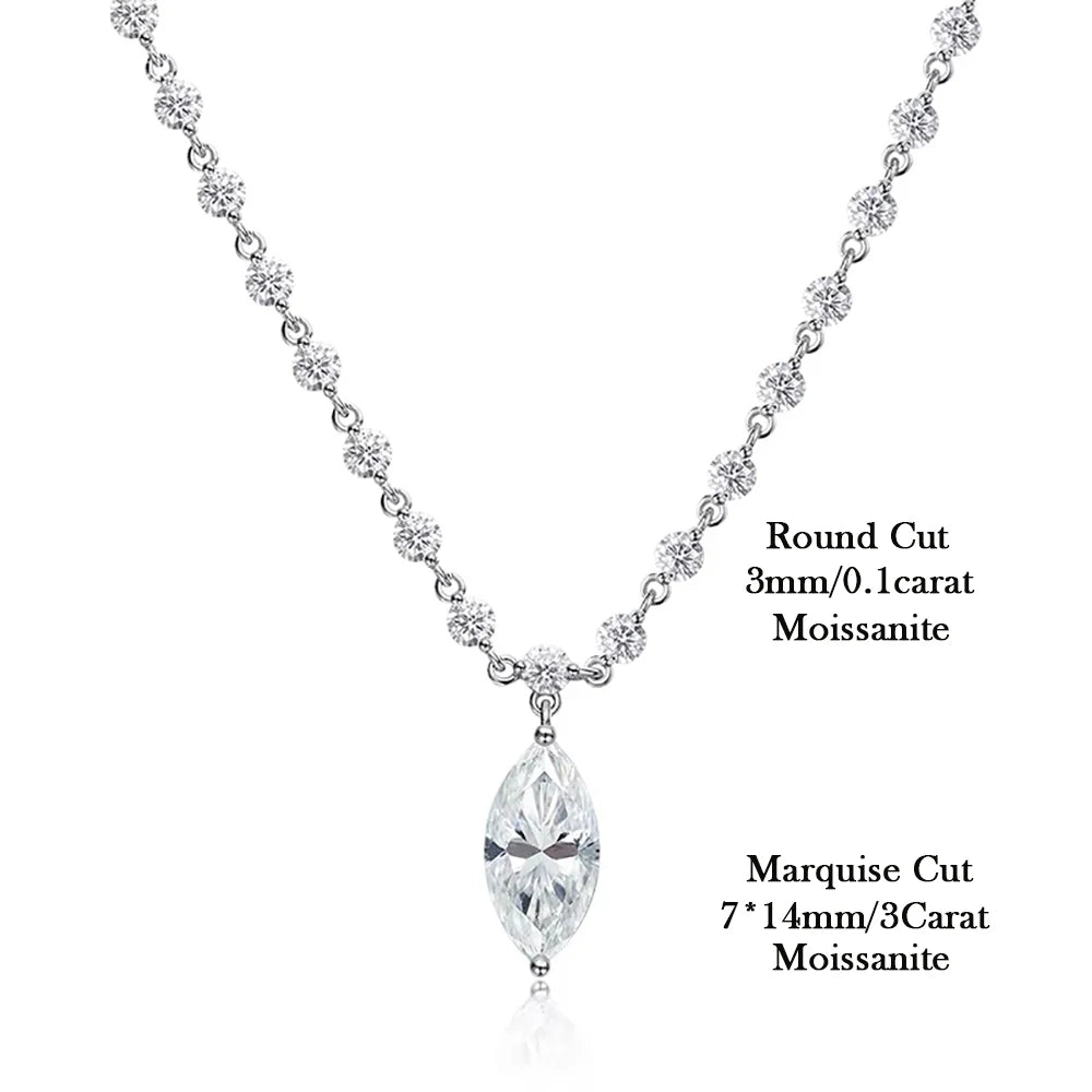 Moissanite Diamond Tennis Necklace with Marquise Pendant – 925 Sterling Silver