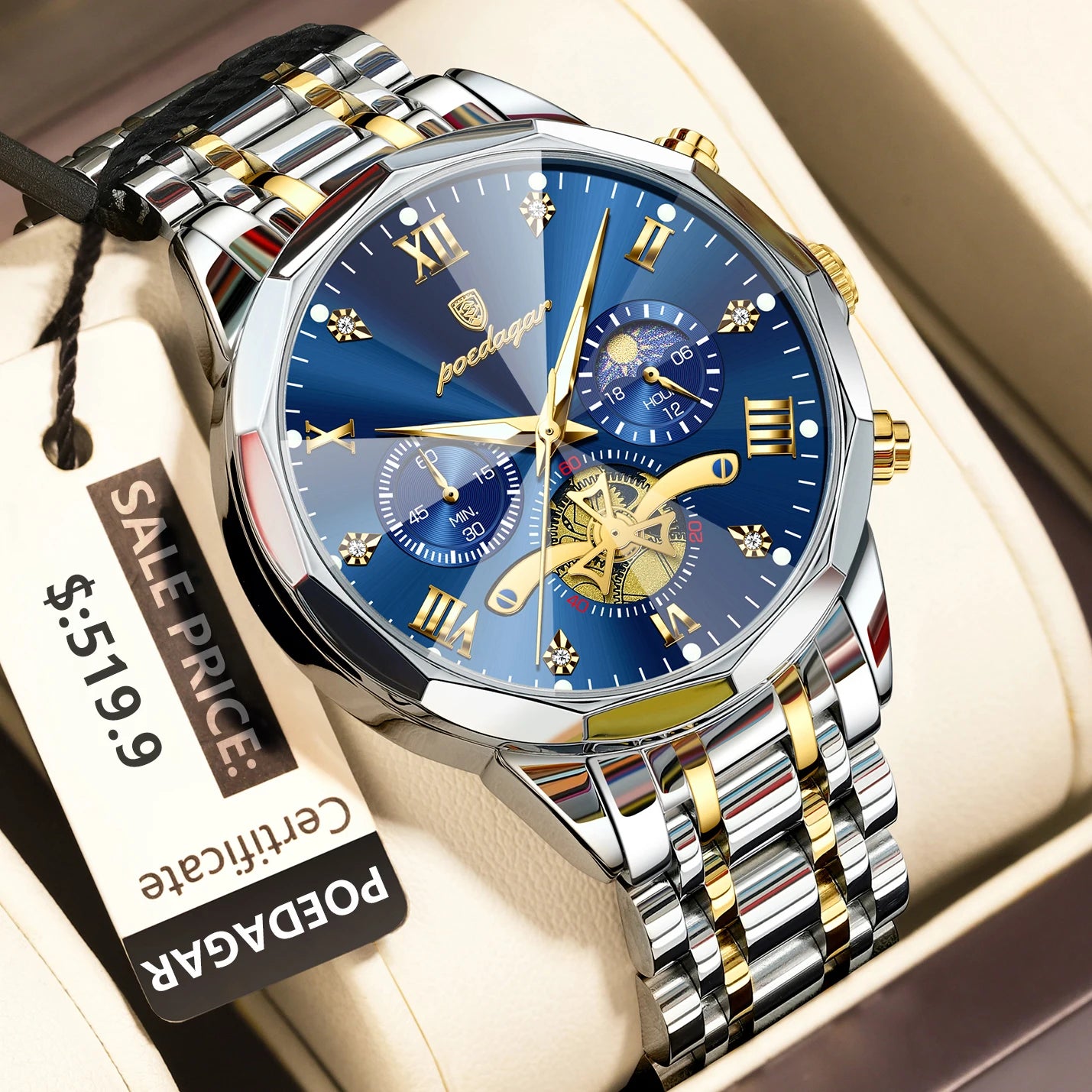 POEDAGAR Men's Luxury Chronograph Watch – Waterproof, Luminous, Stainless Steel