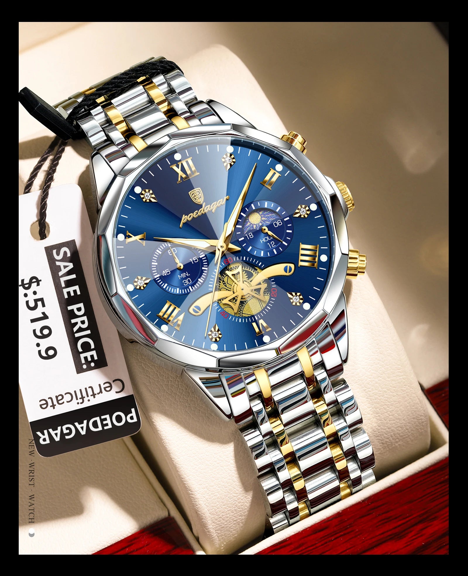 POEDAGAR Men's Luxury Chronograph Watch – Waterproof, Luminous, Stainless Steel