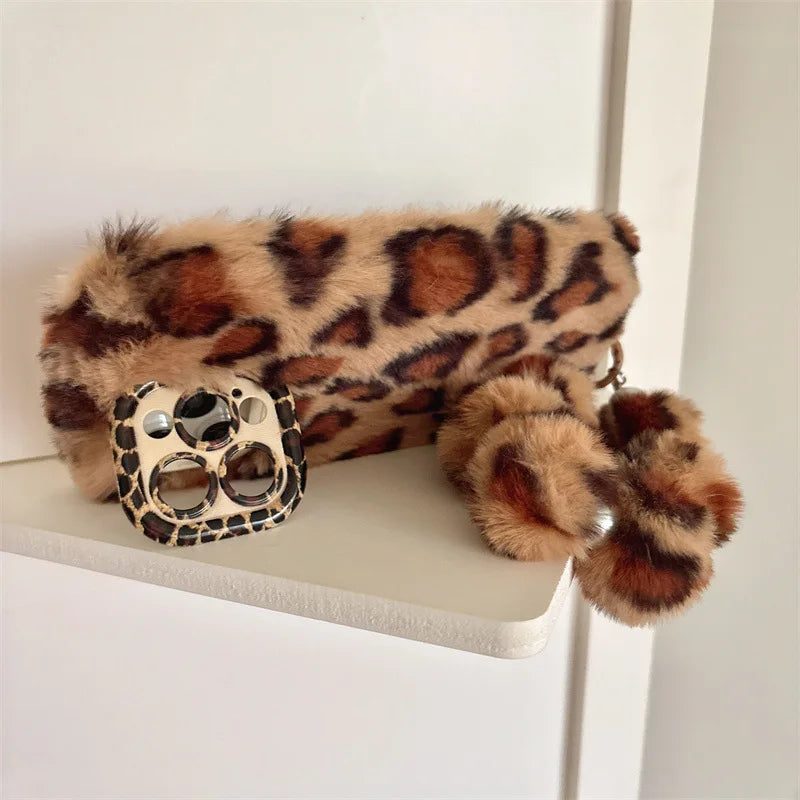 Leopard Furry Plush Phone Case with Wrist Chain – iPhone 11 to 17 Series