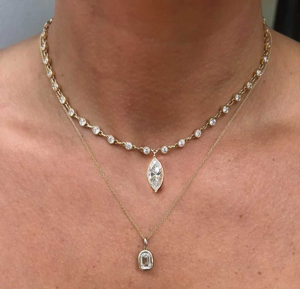 Moissanite Diamond Tennis Necklace with Marquise Pendant – 925 Sterling Silver