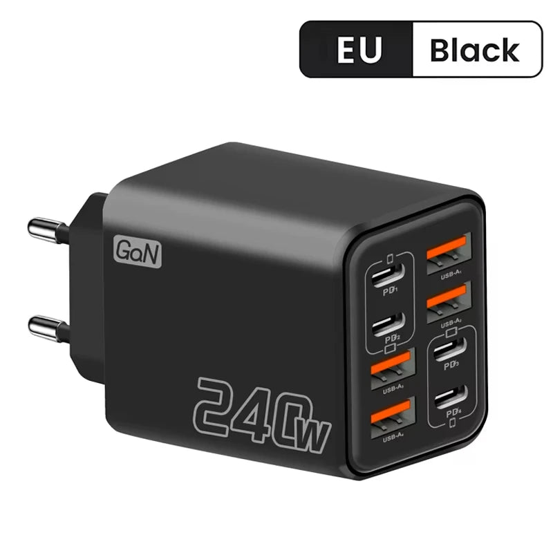 240W GaN USB-C Wall Charger | 8-in-1 Fast Charging Adapter (EU/US)