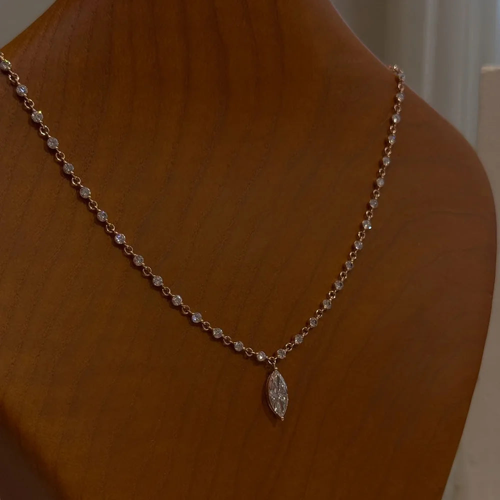 Moissanite Diamond Tennis Necklace with Marquise Pendant – 925 Sterling Silver