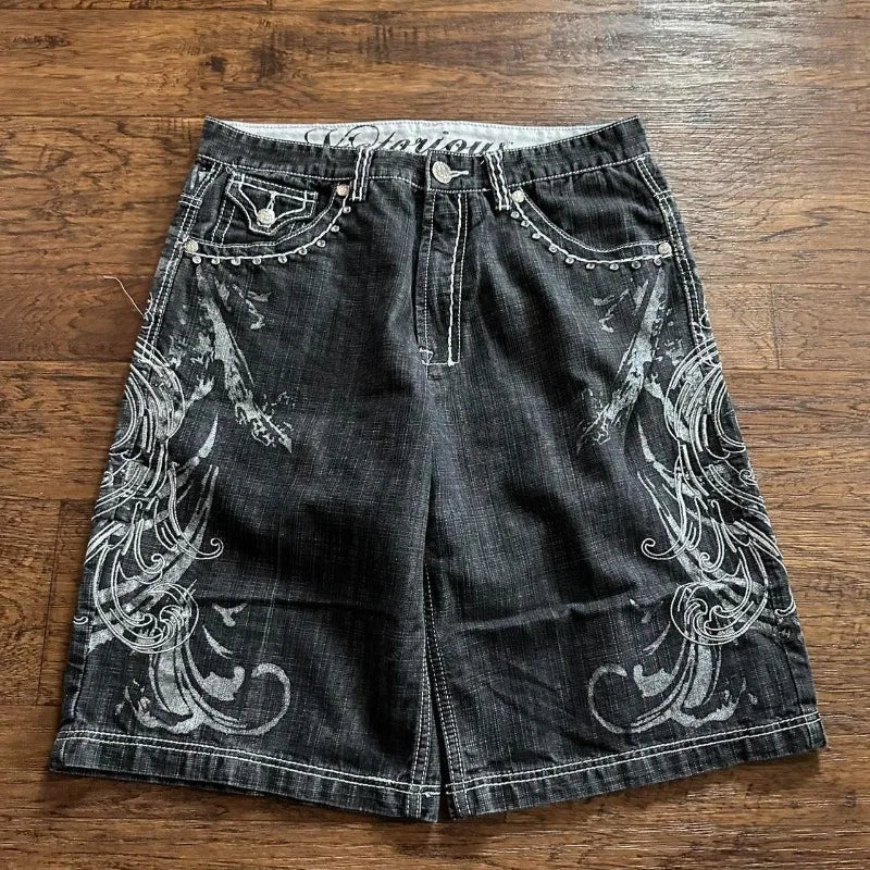 Y2K Baggy Letter Embroidery Denim Shorts
