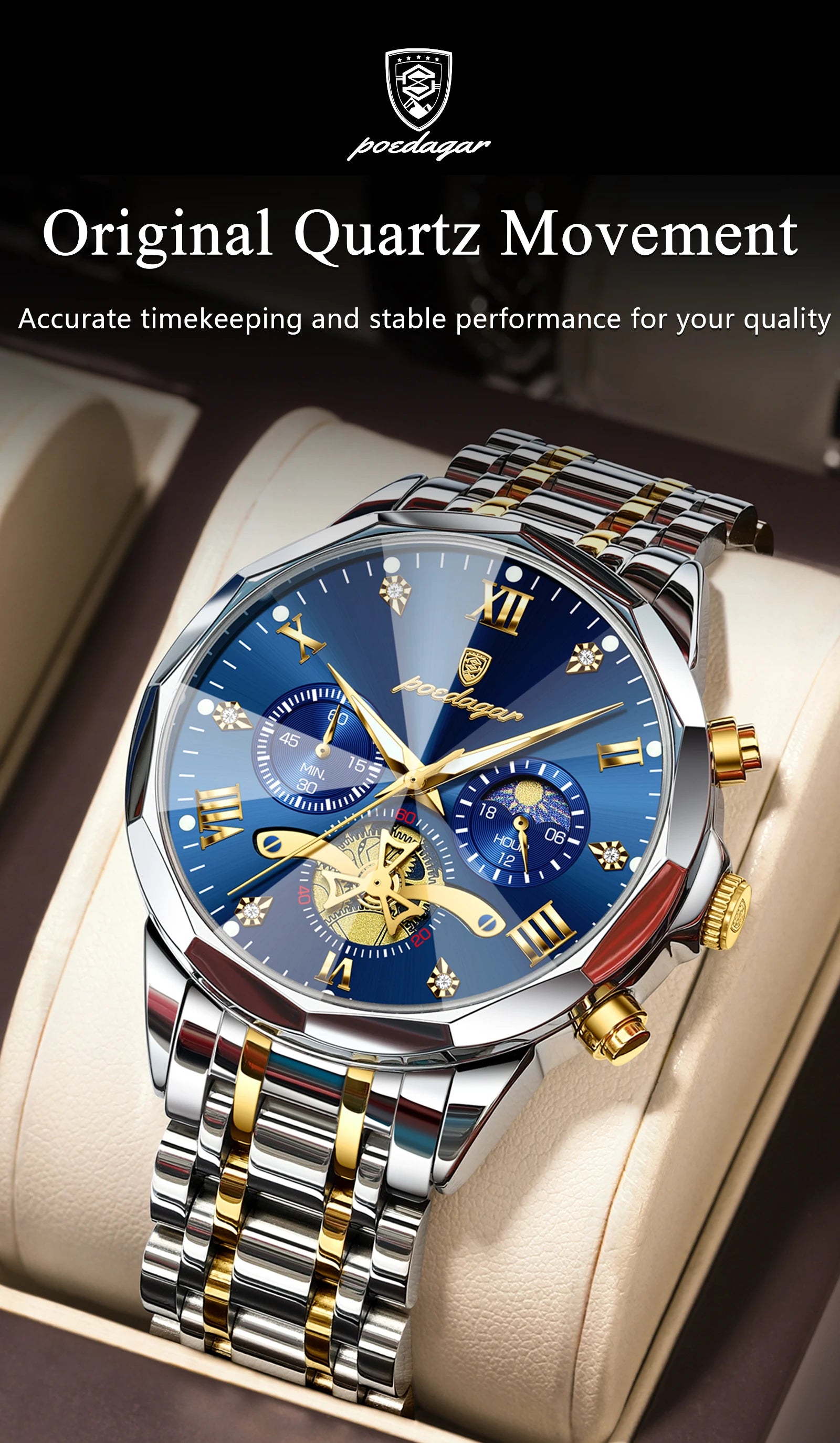 POEDAGAR Men's Luxury Chronograph Watch – Waterproof, Luminous, Stainless Steel