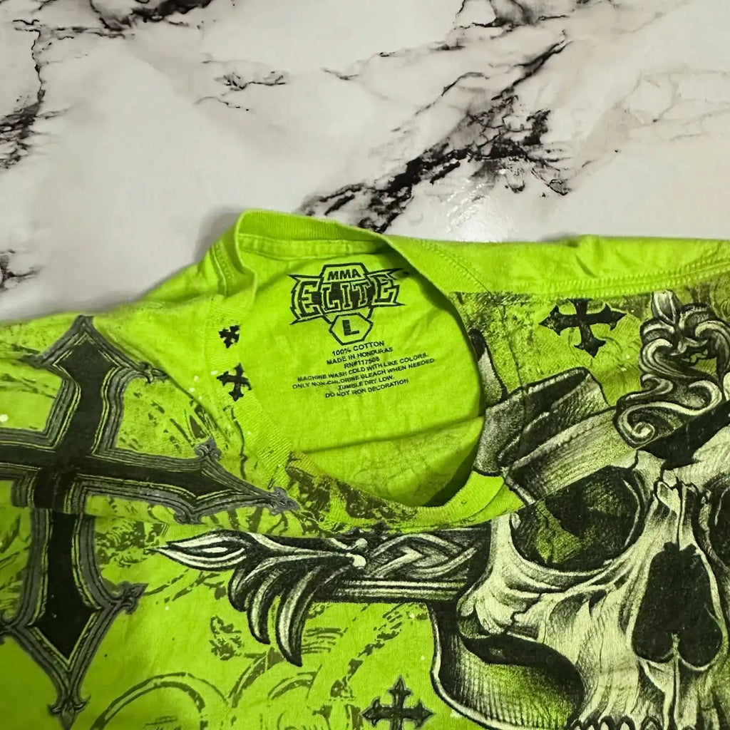 MMA ELITE Cross Skull Print Green Y2K T Shirt Men Loose Fit Streetwear Graphic Tee Oversized Glow Dark Party Ins Popularity Tops