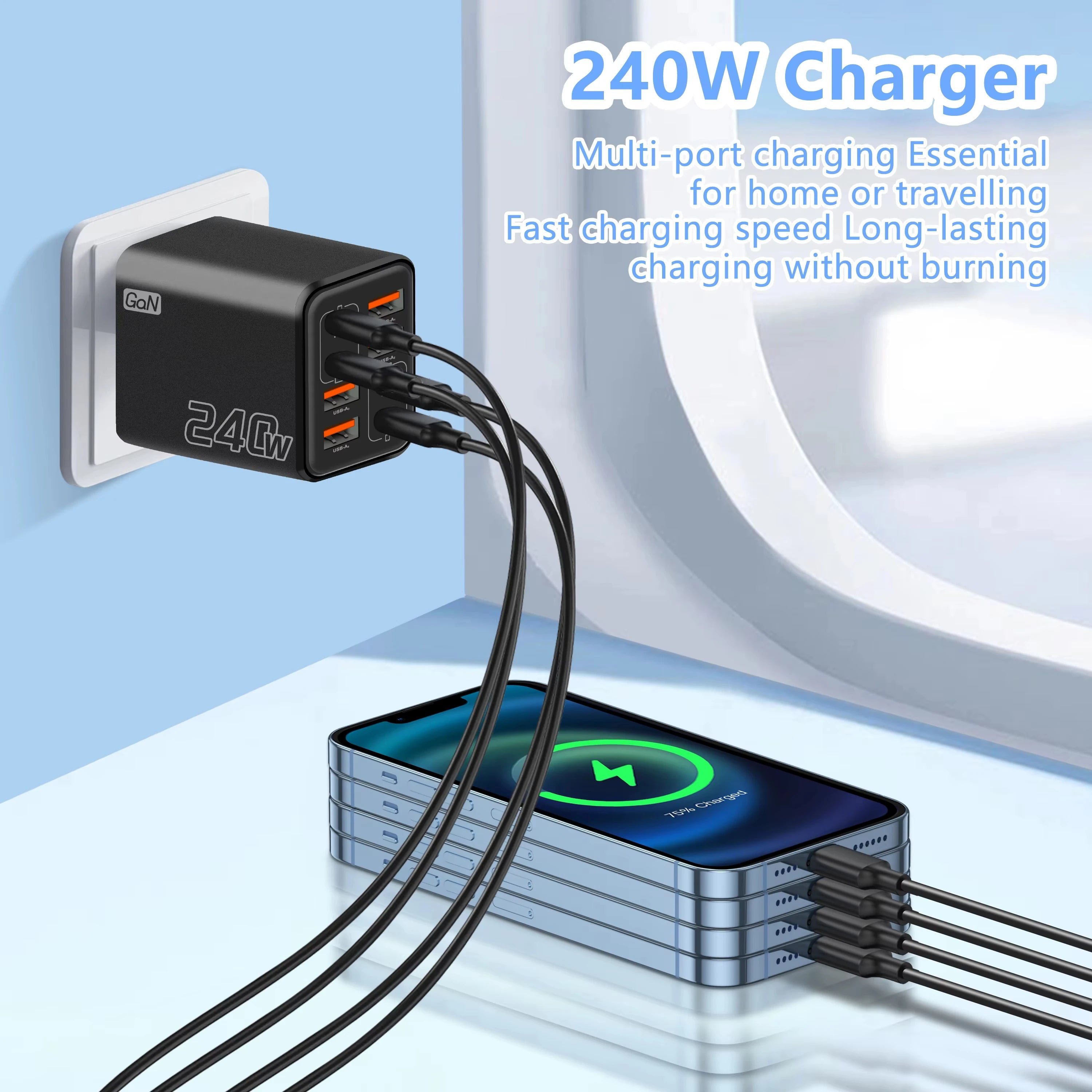 240W GaN USB-C Wall Charger | 8-in-1 Fast Charging Adapter (EU/US)