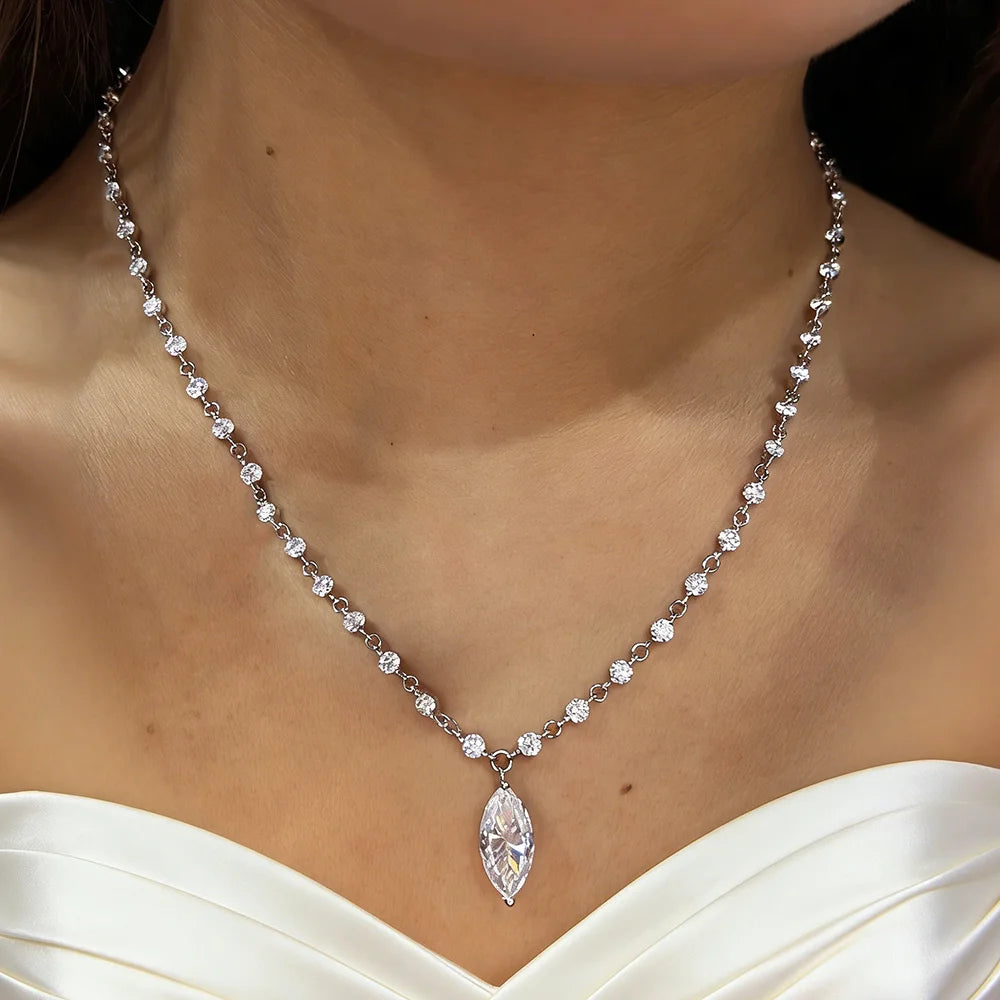 Moissanite Diamond Tennis Necklace with Marquise Pendant – 925 Sterling Silver