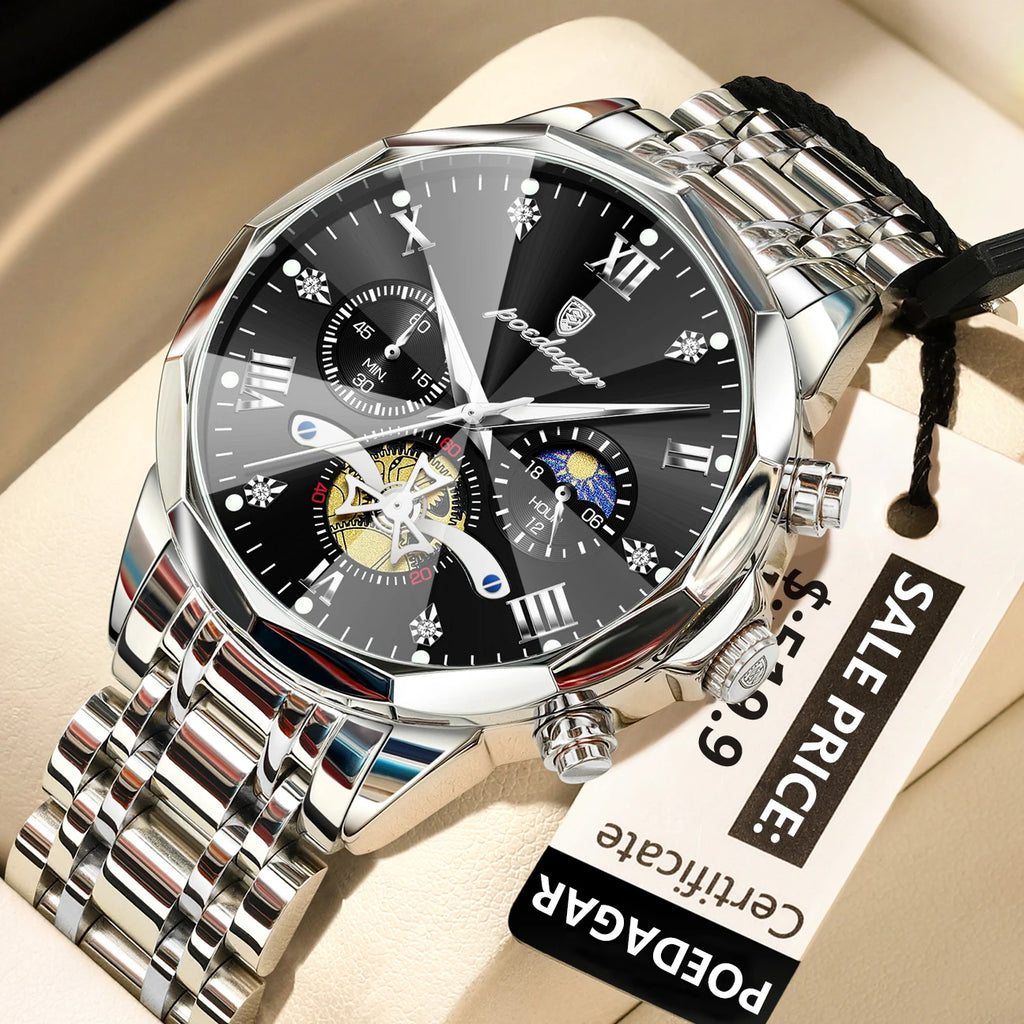 POEDAGAR Men's Luxury Chronograph Watch – Waterproof, Luminous, Stainless Steel