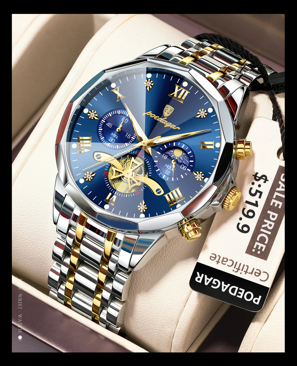 POEDAGAR Men's Luxury Chronograph Watch – Waterproof, Luminous, Stainless Steel