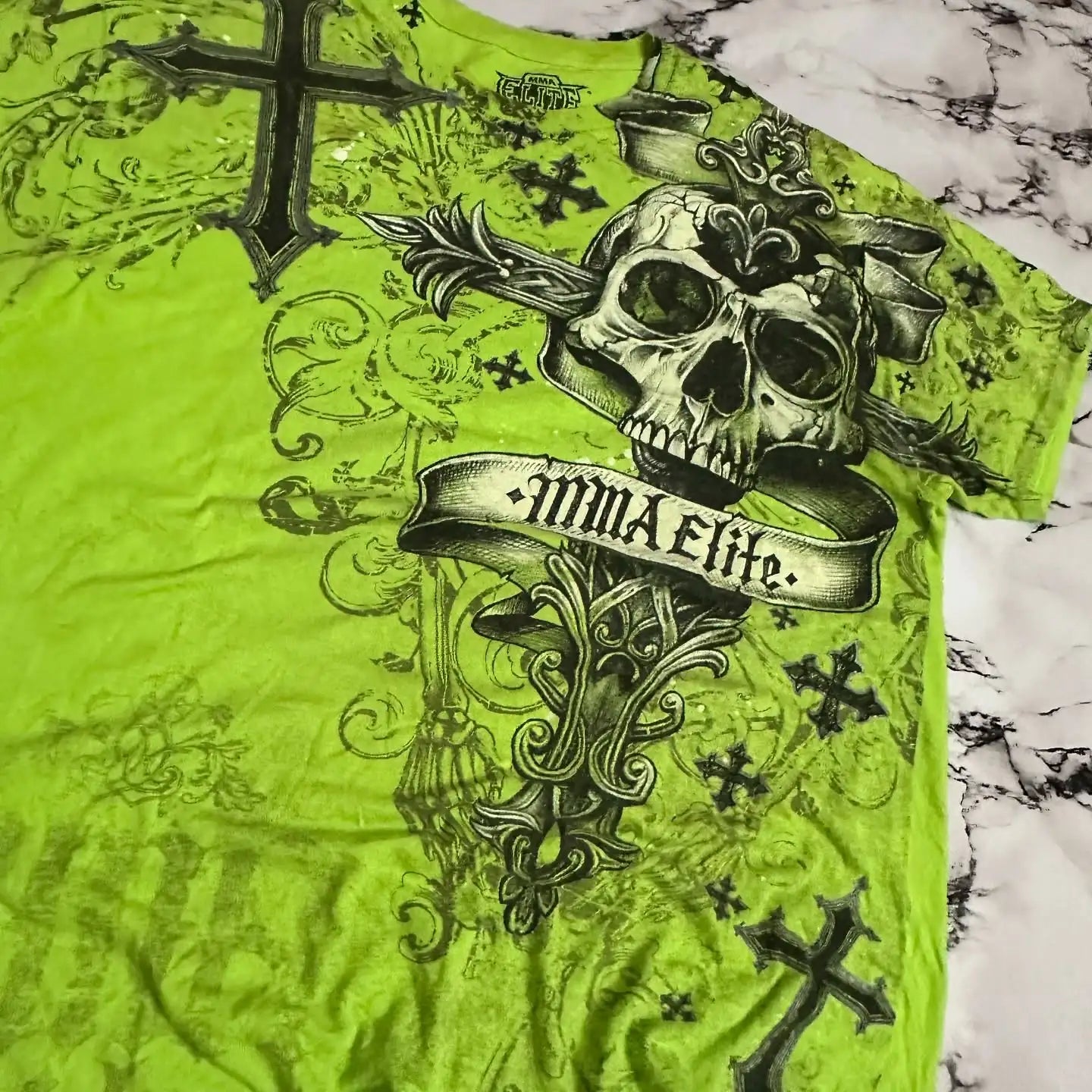 MMA ELITE Cross Skull Print Green Y2K T Shirt Men Loose Fit Streetwear Graphic Tee Oversized Glow Dark Party Ins Popularity Tops