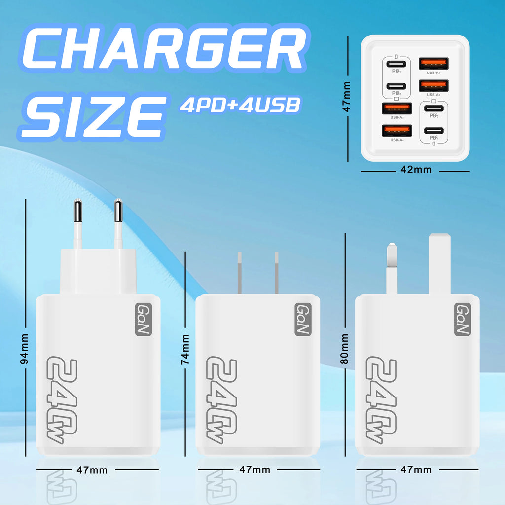 240W GaN USB-C Wall Charger | 8-in-1 Fast Charging Adapter (EU/US)