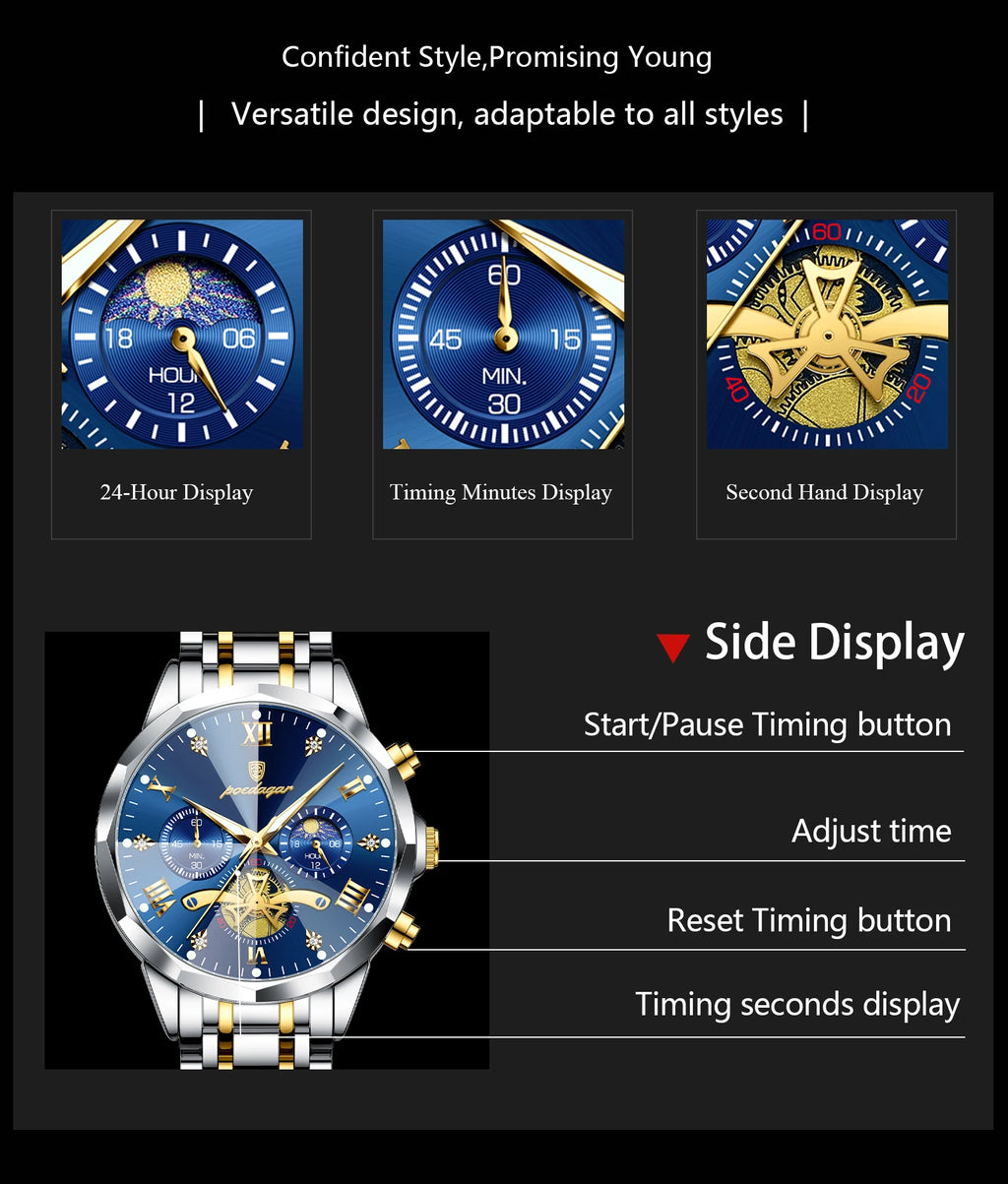 POEDAGAR Men's Luxury Chronograph Watch – Waterproof, Luminous, Stainless Steel