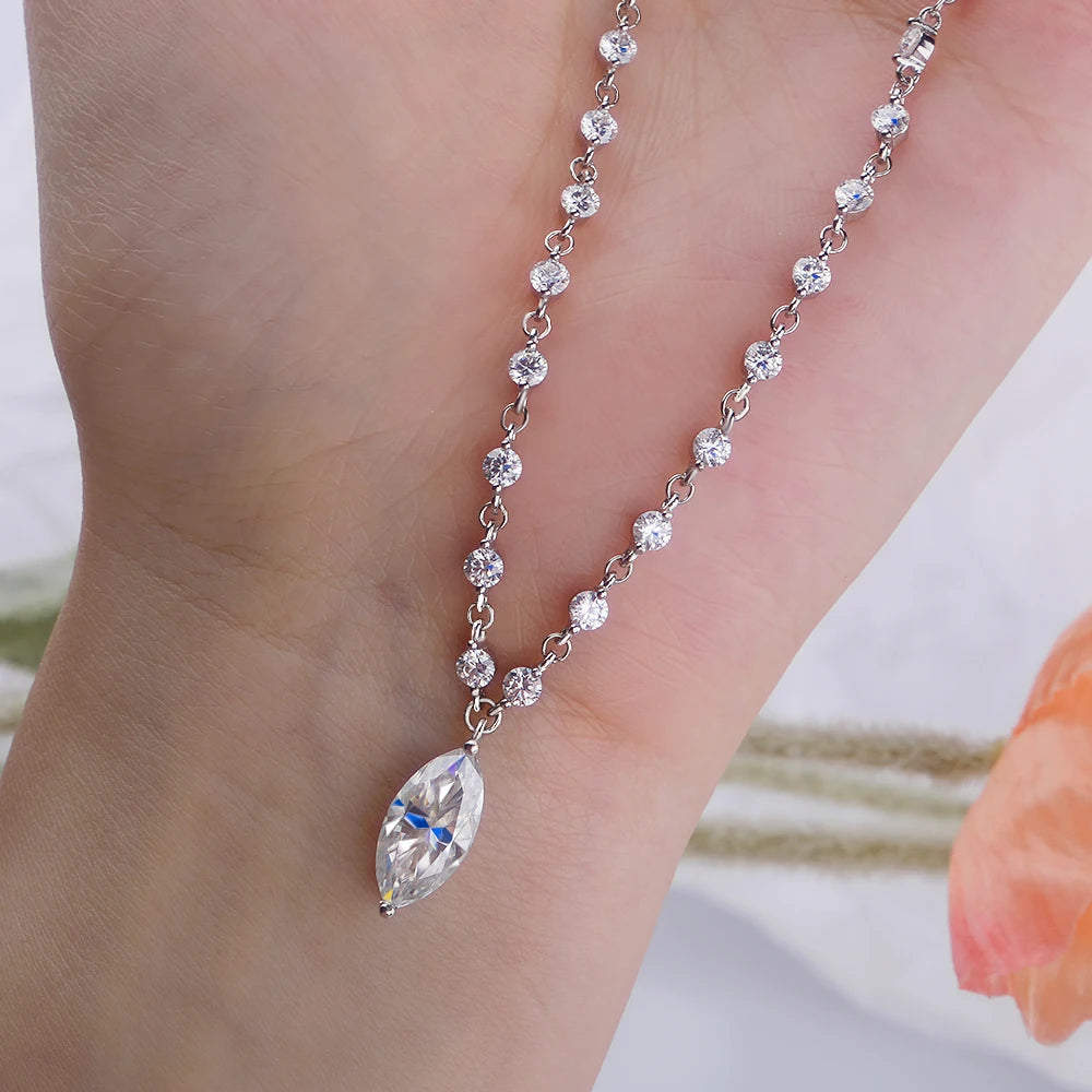 Moissanite Diamond Tennis Necklace with Marquise Pendant – 925 Sterling Silver