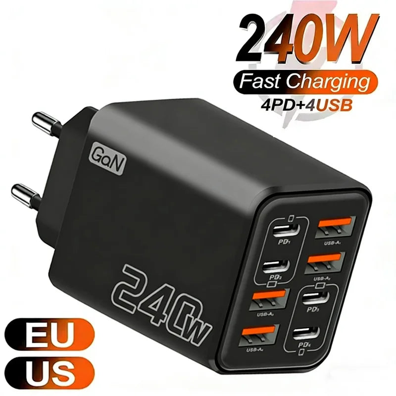 240W GaN USB-C Wall Charger | 8-in-1 Fast Charging Adapter (EU/US)