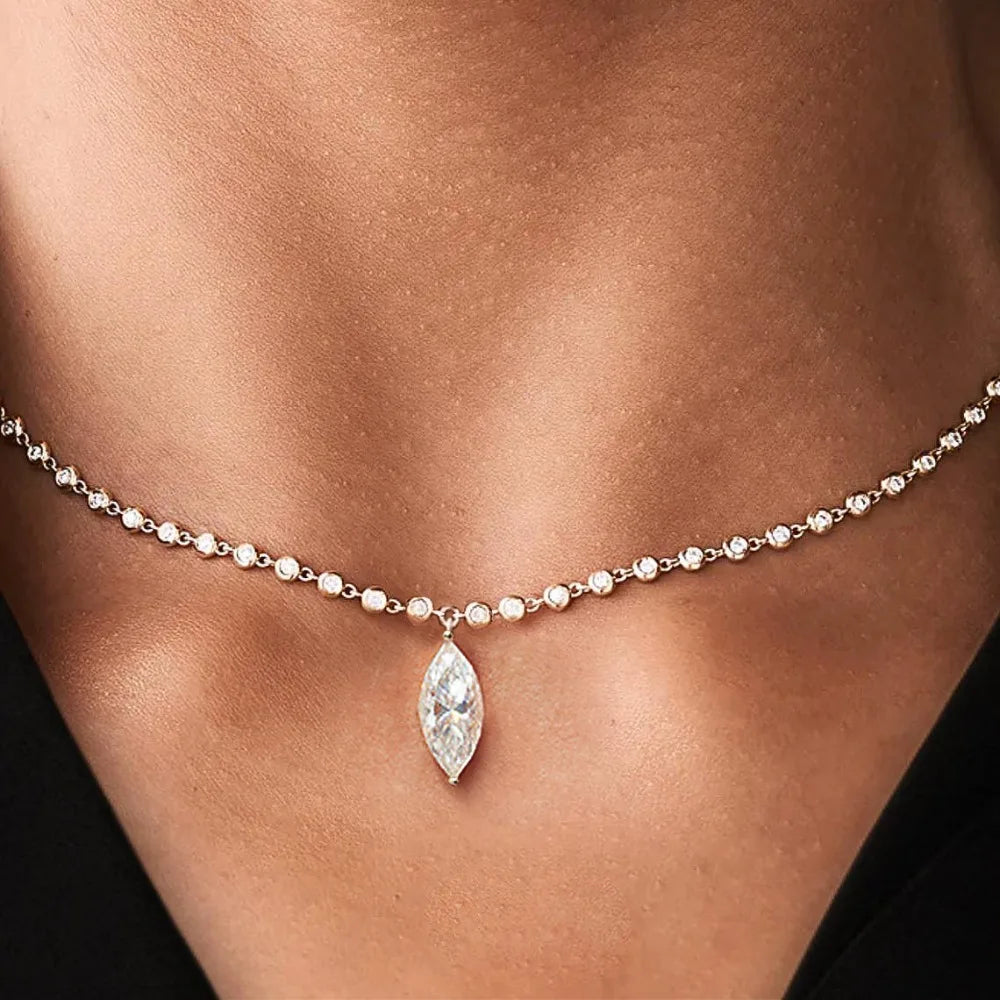 Moissanite Diamond Tennis Necklace with Marquise Pendant – 925 Sterling Silver