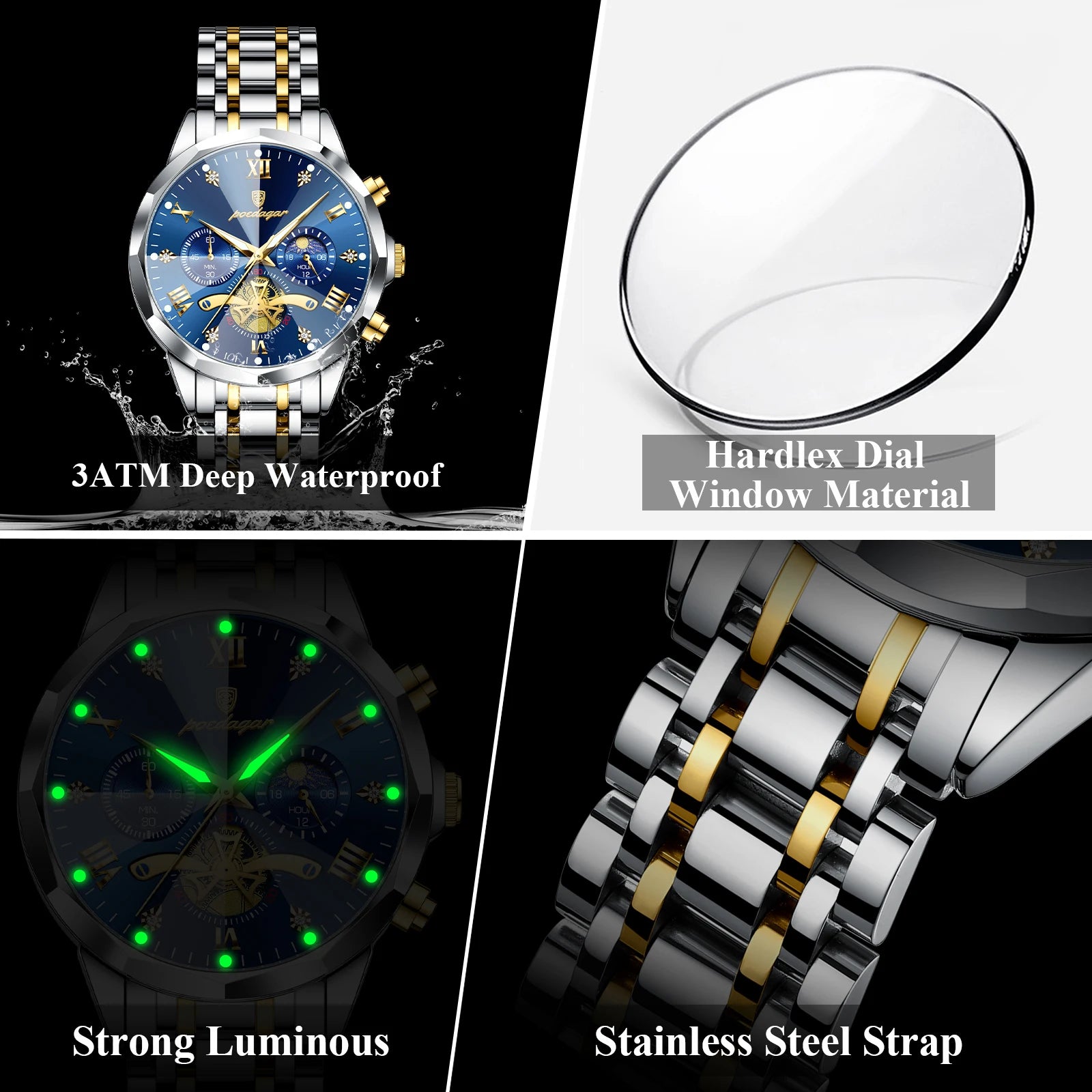 POEDAGAR Men's Luxury Chronograph Watch – Waterproof, Luminous, Stainless Steel