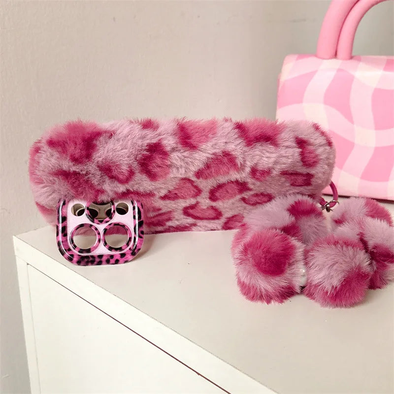 Leopard Furry Plush Phone Case with Wrist Chain – iPhone 11 to 17 Series