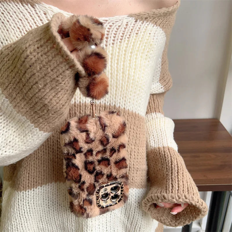Leopard Furry Plush Phone Case with Wrist Chain – iPhone 11 to 17 Series