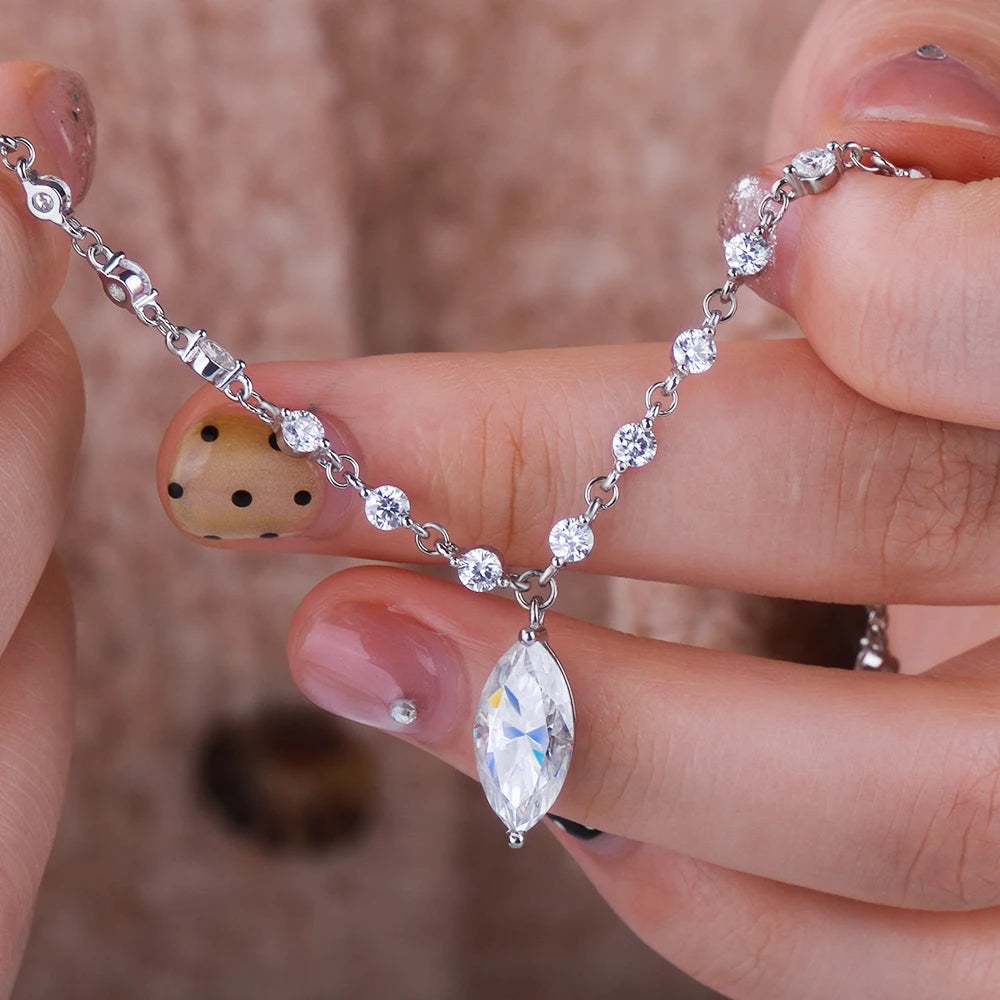 Moissanite Diamond Tennis Necklace with Marquise Pendant – 925 Sterling Silver