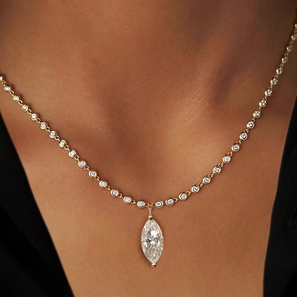 Moissanite Diamond Tennis Necklace with Marquise Pendant – 925 Sterling Silver