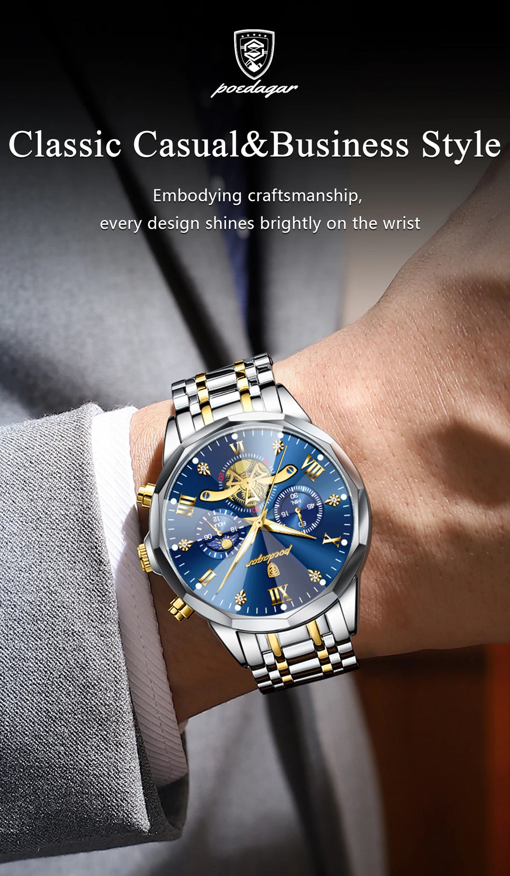 POEDAGAR Men's Luxury Chronograph Watch – Waterproof, Luminous, Stainless Steel
