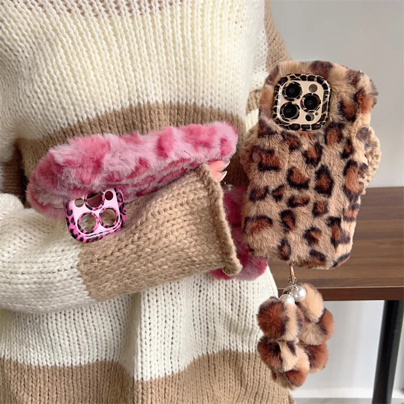 Leopard Furry Plush Phone Case with Wrist Chain – iPhone 11 to 17 Series