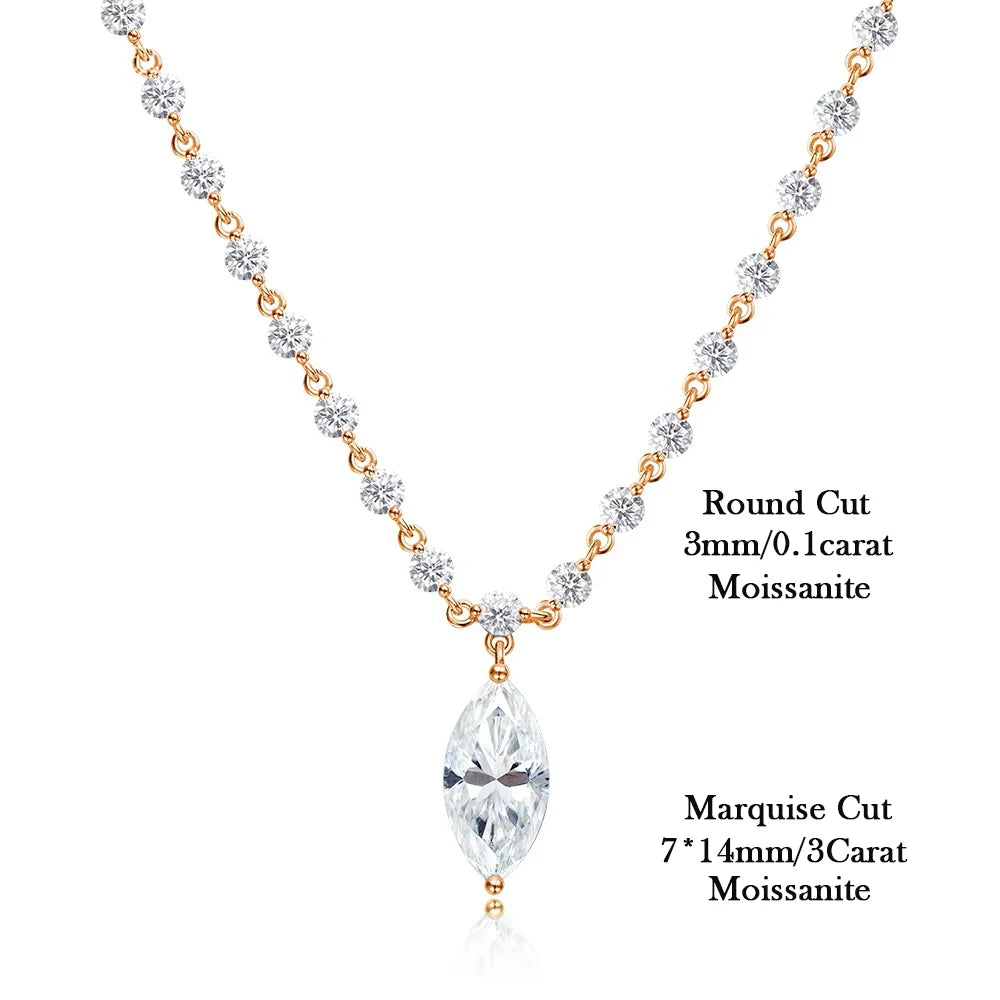Moissanite Diamond Tennis Necklace with Marquise Pendant – 925 Sterling Silver