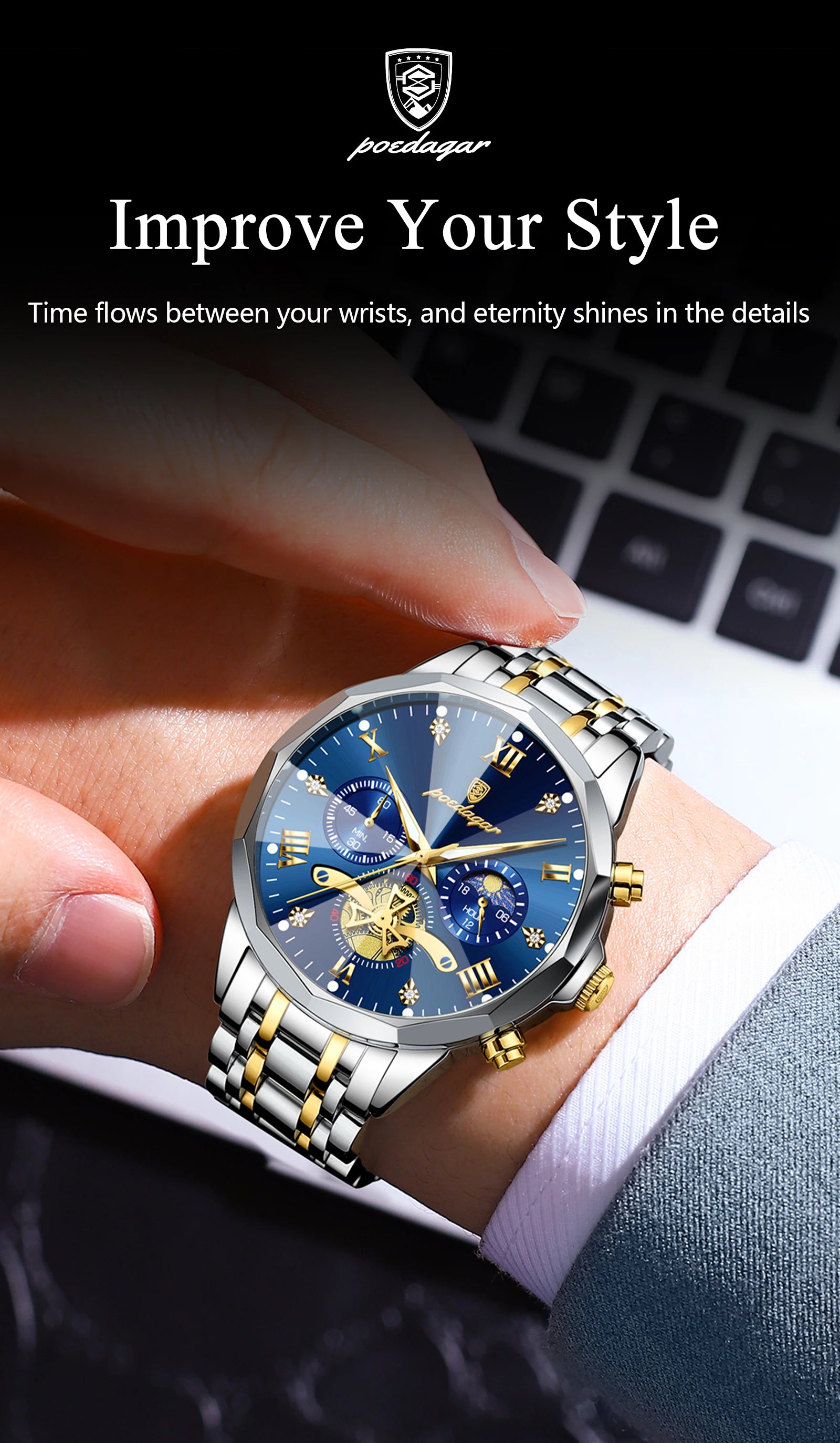 POEDAGAR Men's Luxury Chronograph Watch – Waterproof, Luminous, Stainless Steel