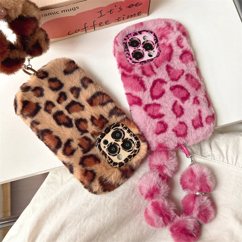 Leopard Furry Plush Phone Case with Wrist Chain – iPhone 11 to 17 Series