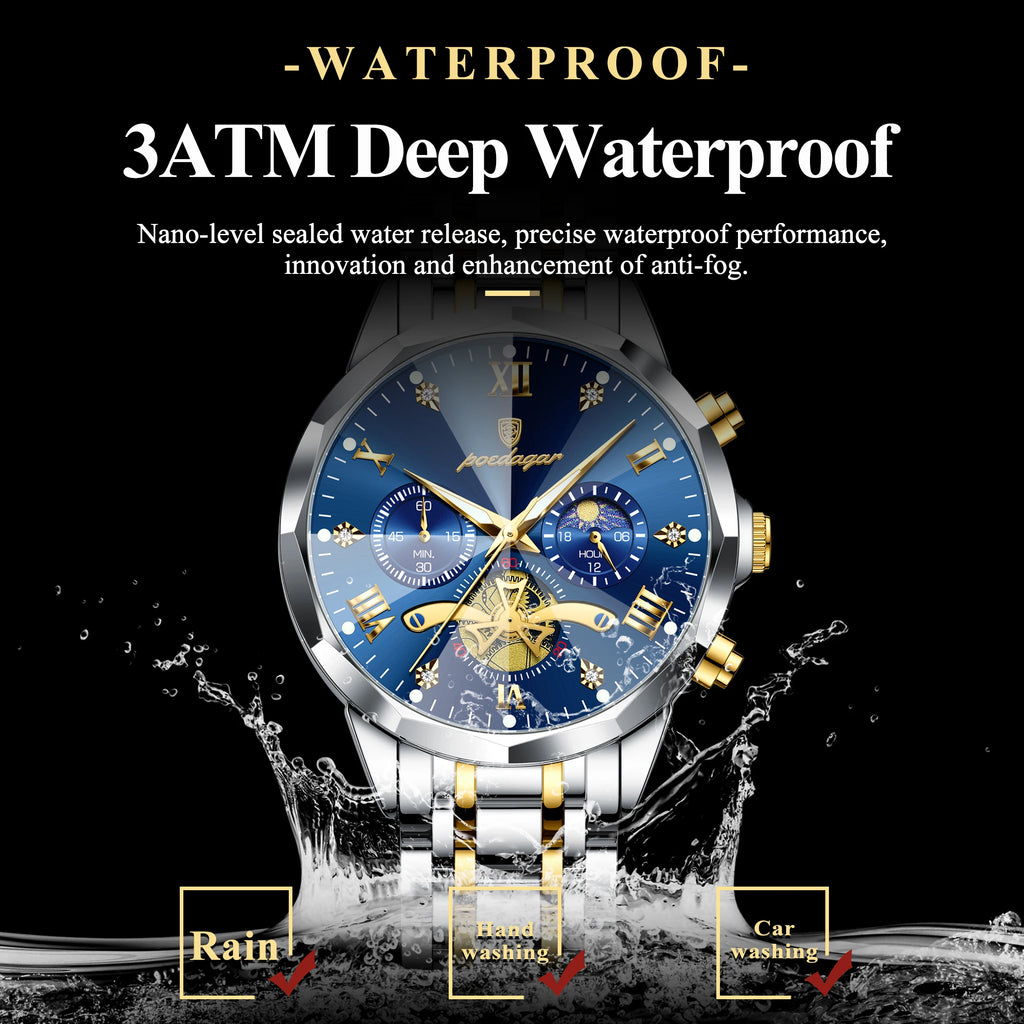 POEDAGAR Men's Luxury Chronograph Watch – Waterproof, Luminous, Stainless Steel