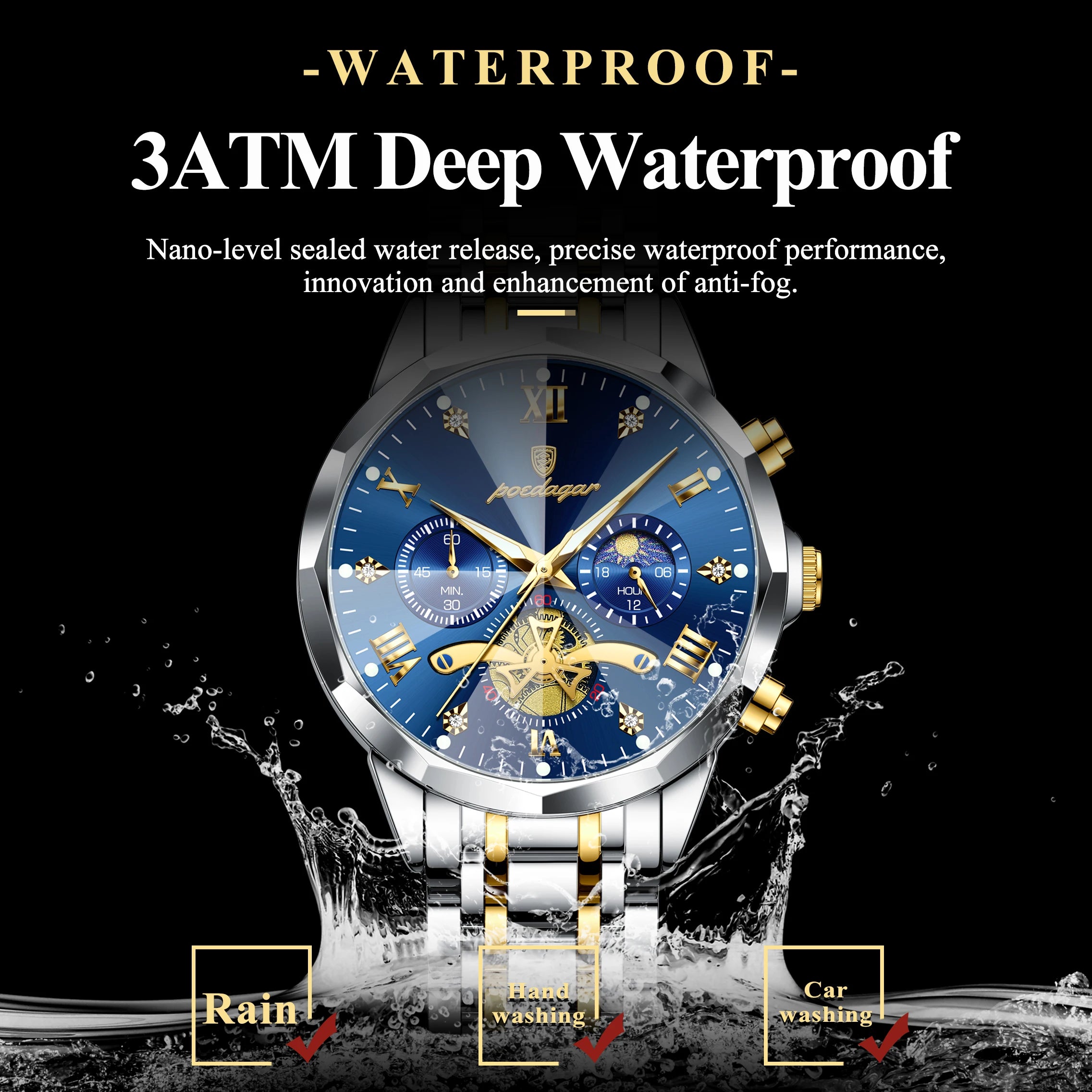 POEDAGAR Men's Luxury Chronograph Watch – Waterproof, Luminous, Stainless Steel