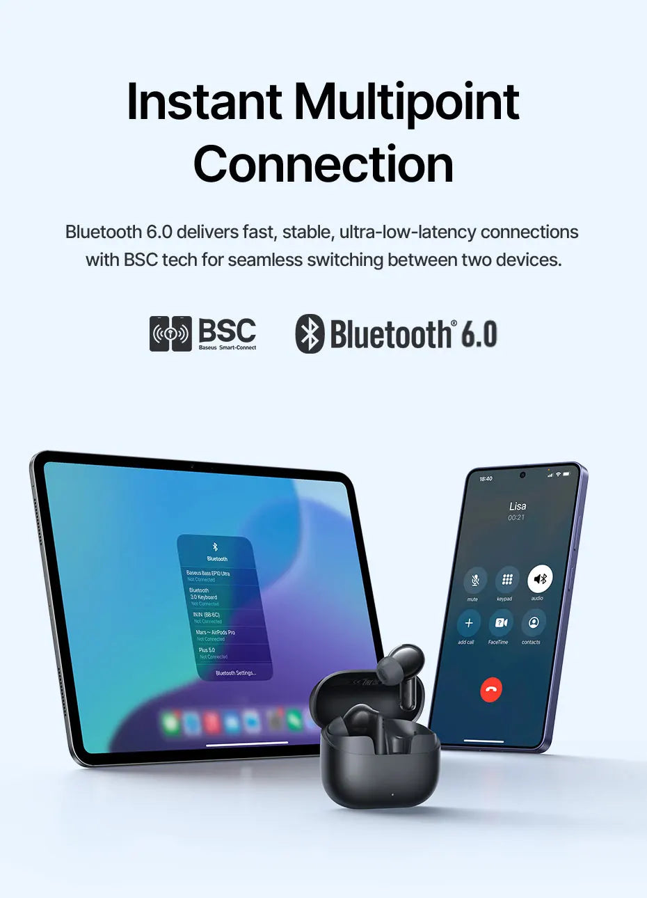 Baseus EP10 Ultra Wireless Earbuds | ANC, 65Hr Battery, 6-Mic, Bluetooth 6.0