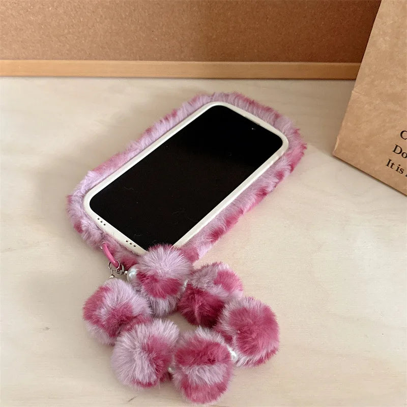 Leopard Furry Plush Phone Case with Wrist Chain – iPhone 11 to 17 Series