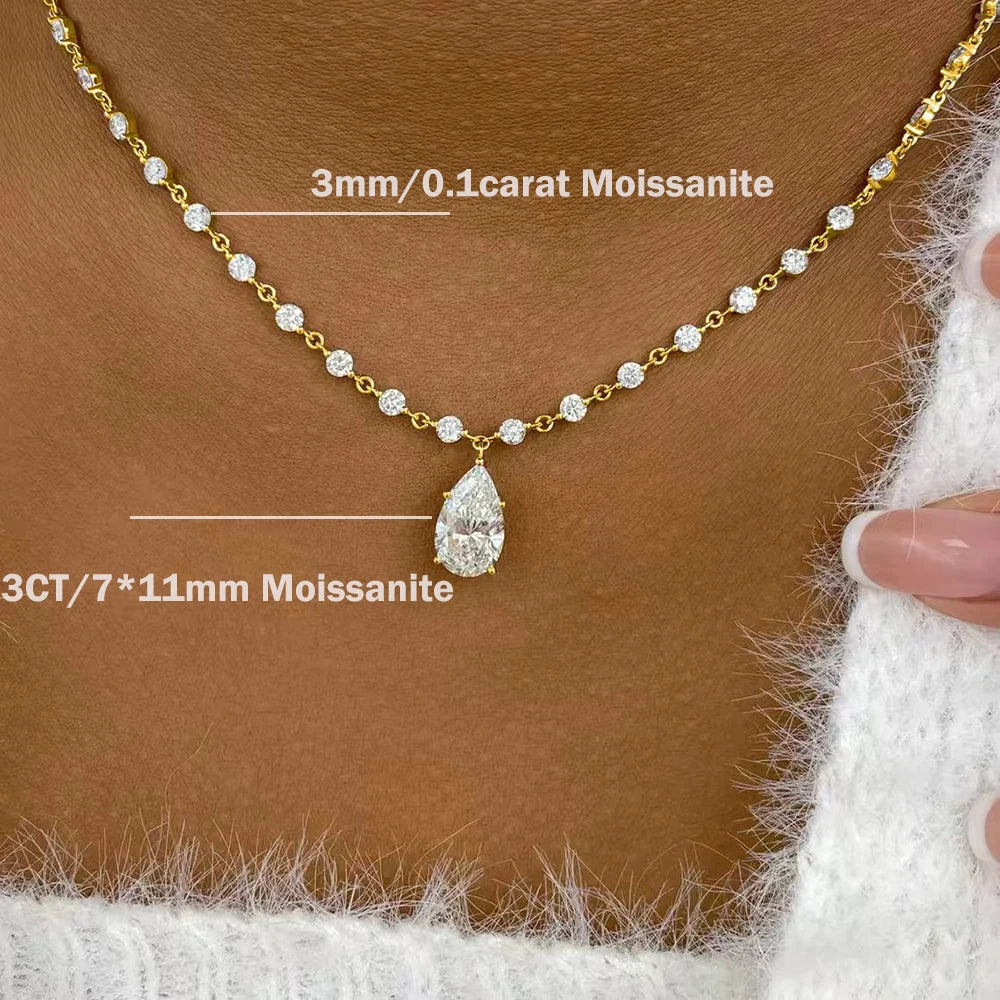 Moissanite Diamond Tennis Necklace with Marquise Pendant – 925 Sterling Silver